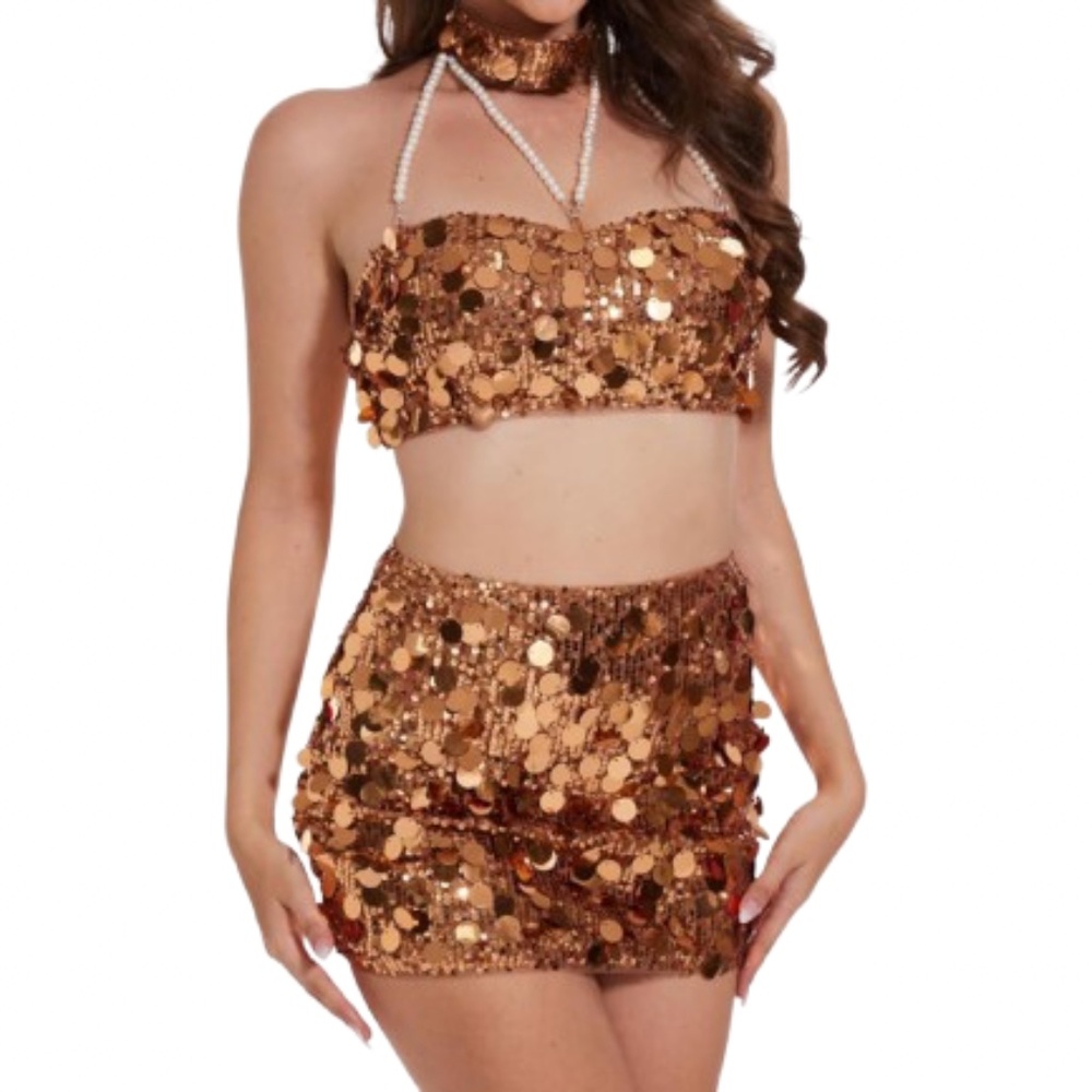 Women’s Sequin Dots Crop Top And Matching Mini Skirt Rave Nightclub Outfit